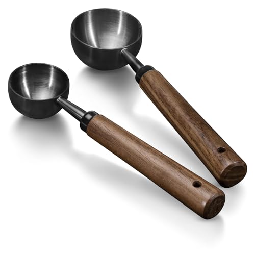 Modixun 2Pcs Kaffeeschaufel für gemahlenen Kaffee - 1 EL (15ml) & 2 EL (30ml) Esslöffel Schaufel, 304 Edelstahl Kaffee Messlöffel mit langen Walnussholz Griff (Schwarz) von Modixun