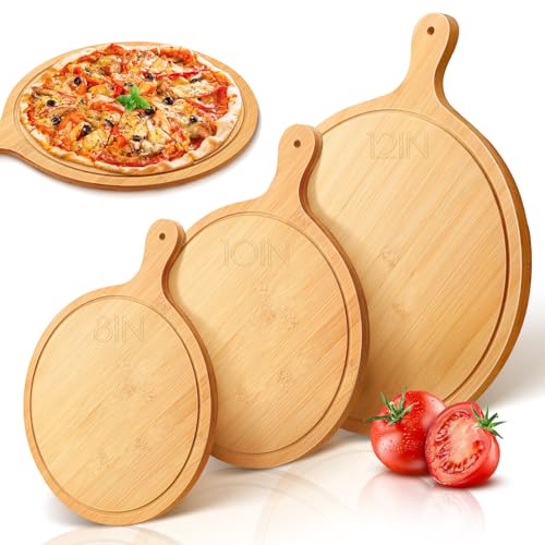 Modixun Pizzaschneidebrett mit Griff, rundes Bambus-Pizza-Serviertablett, Charcuteriebretter aus Holz für Pizza, Brot, Kuchen, Obstkäse (30 cm + 25 cm + 20 cm) von Modixun