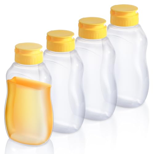 Modixun 4er-Pack 285ml klare Honigflaschen, nachfüllbarer Honigbehälter, Quetschflasche Glas zum Aufbewahren und Dosieren, auslaufsichere Klappdeckel, spülmaschinenfest von Modixun