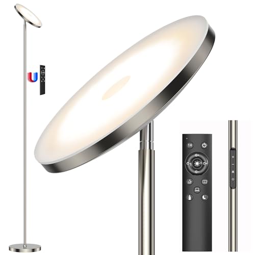 Modlicht 30W Deckenfluter LED Dimmbar Silber, 3330lm Stehlampe Dimmbar mit 6 Szenemodi, 3000K-6000K Stehleuchte Wohnzimmer mit Fernbedienung&Touch Steuerung, Standlampe LED für Schlafzimmer, Büro von Modlicht