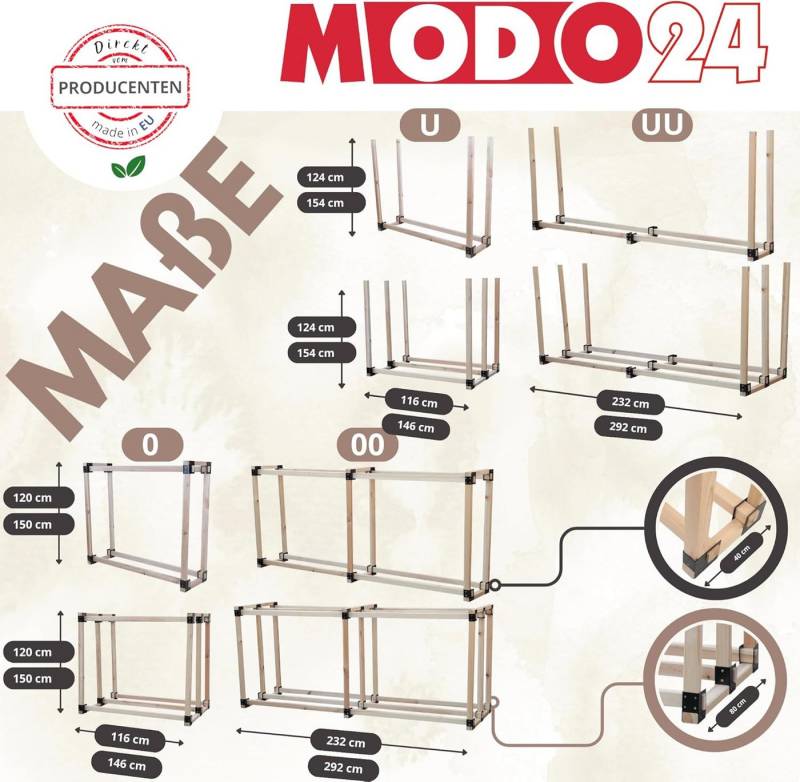 Modo24 Kaminholzregal Holzunterstand, stabiler Brennholzständer aus massivem Holz, BxTxH:116x40x120 cm, Brennholzregal & Holzlager für Garten, Terrasse & Außenbereich von Modo24