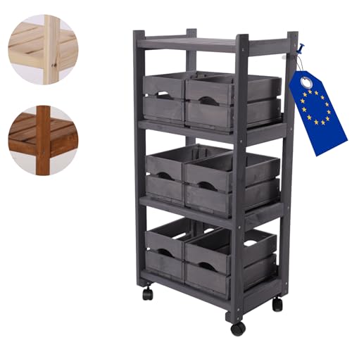MODO24 Gemüseregal, Kistenregal mit 4 Ebenen, mit 6 Kisten SD2 30x20 cm, Holzregal, Regal für Kisten, Rollenregal, Küchenregal, Regal mit Rollen, Regal für Obst, Abmessungen 102x48x34cm, Farben: Grau von MODO24