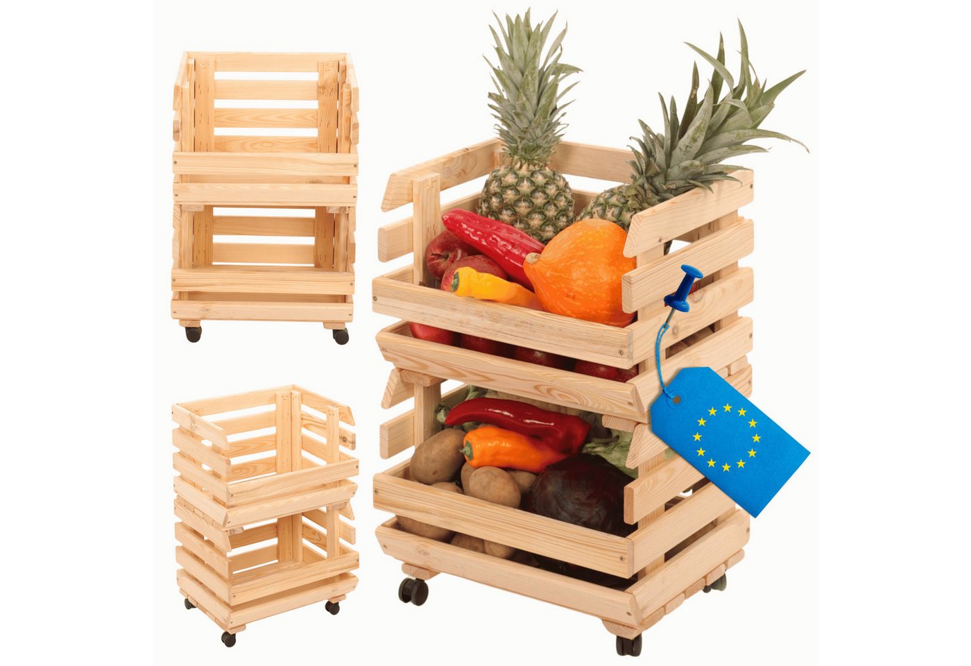 Modo24 Küchenregal Modular Holzregal für Gemüse Obst auf Rollen, Stapelbares Regalsystem, Kartoffelsteige, Küchenregal, Vorratsregal, Gemüseregal, 3 Farben von Modo24
