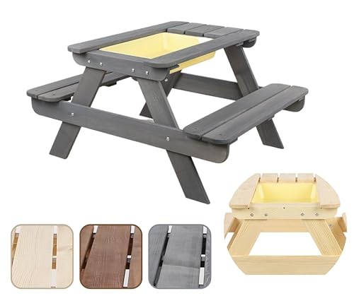 MODO24 Picknicktisch Mit Bank Kindersitzgarnitur Kindertisch Gartentisch Holz Set SPD mit Sandkaste Matschküche Farben (HxBxT: 52x100x80 cm) (Grau) von MODO24