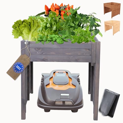 MODO24 Mährobotergarage, Rasenmäher Garage, Mähroboter Garage aus robustem Holz, Pflanzkasten mit Schutzfolie, Wetterfest, Blumenregal, Blumenständer, FSC Holz, Abmessungen 76x79x74 cm, Farbe: Grau von MODO24