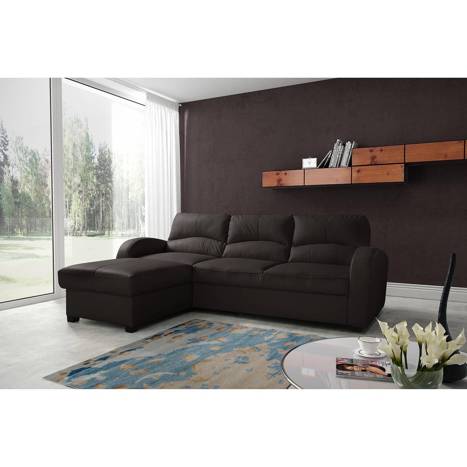 Modoform Ecksofa Parilla Dunkelbraun Echtleder 229x85x168 cm (BxHxT) mit Schlaffunktion/Bettkasten Modern von Modoform