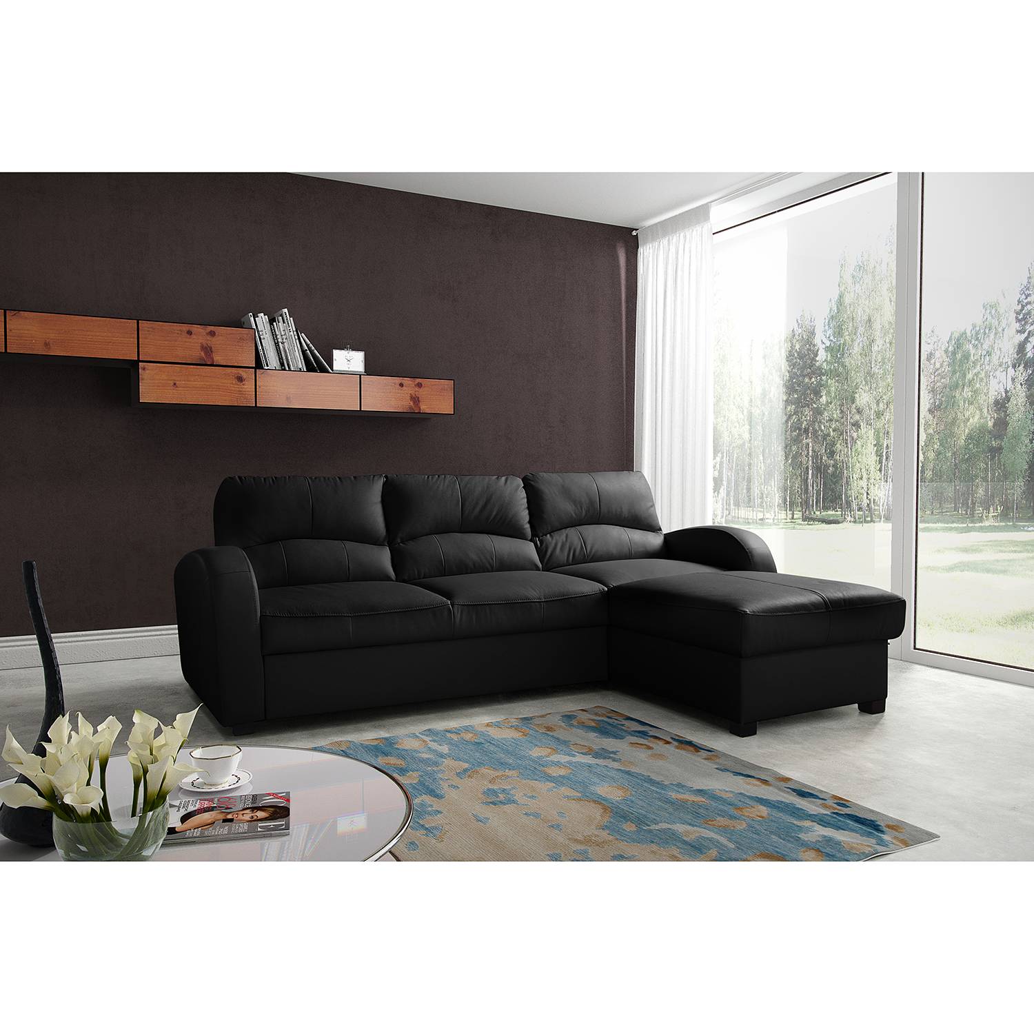 Modoform Ecksofa Parilla Schwarz Echtleder 229x85x168 cm (BxHxT) mit Schlaffunktion/Bettkasten Modern von Modoform