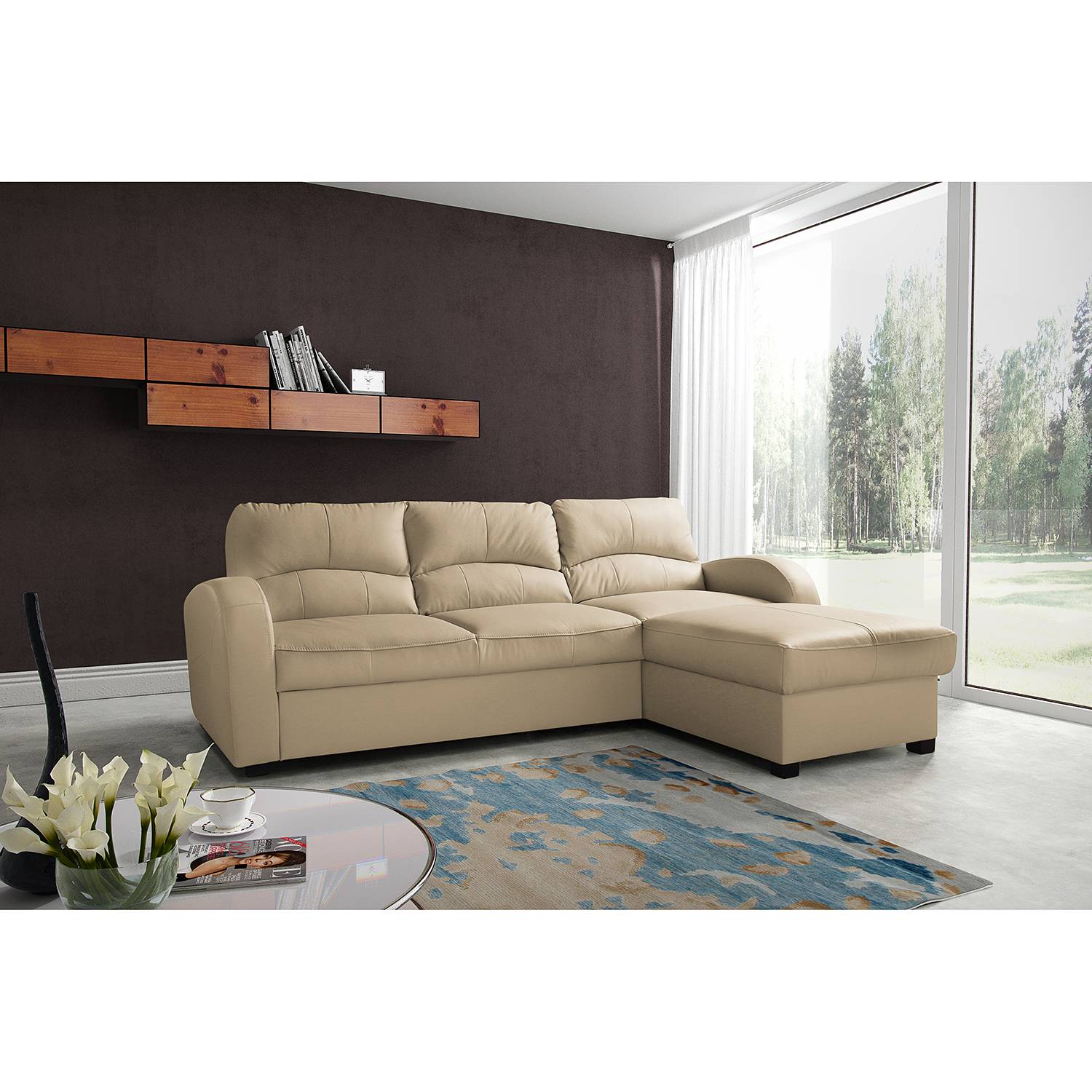 Modoform Ecksofa Parilla Warmes Beige Echtleder 229x85x168 cm (BxHxT) mit Schlaffunktion/Bettkasten Modern von Modoform