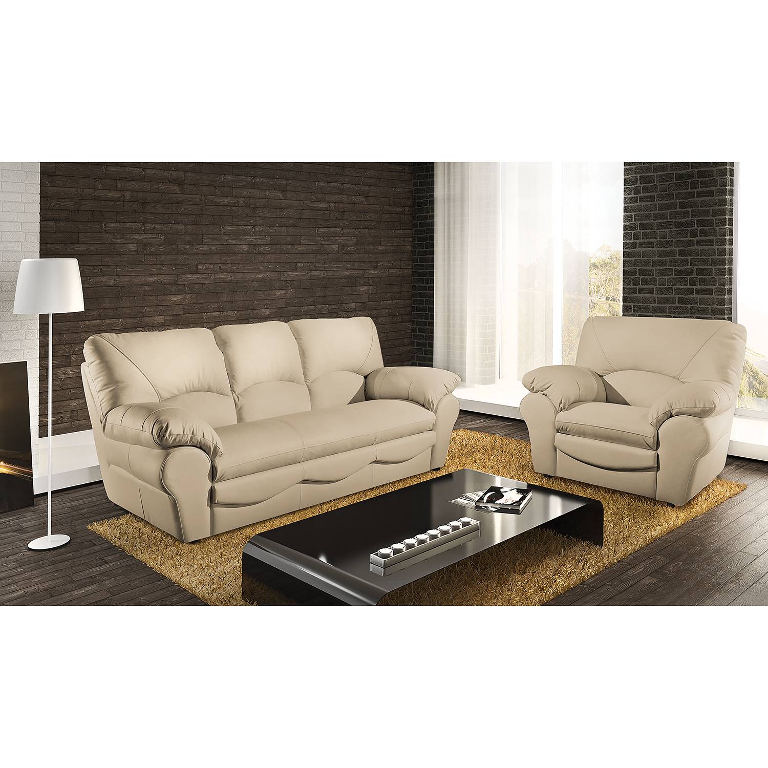 Modoform Sofa Torsby 3-Sitzer Beige Echtleder 205x92x85 cm (BxHxT) Modern von Modoform