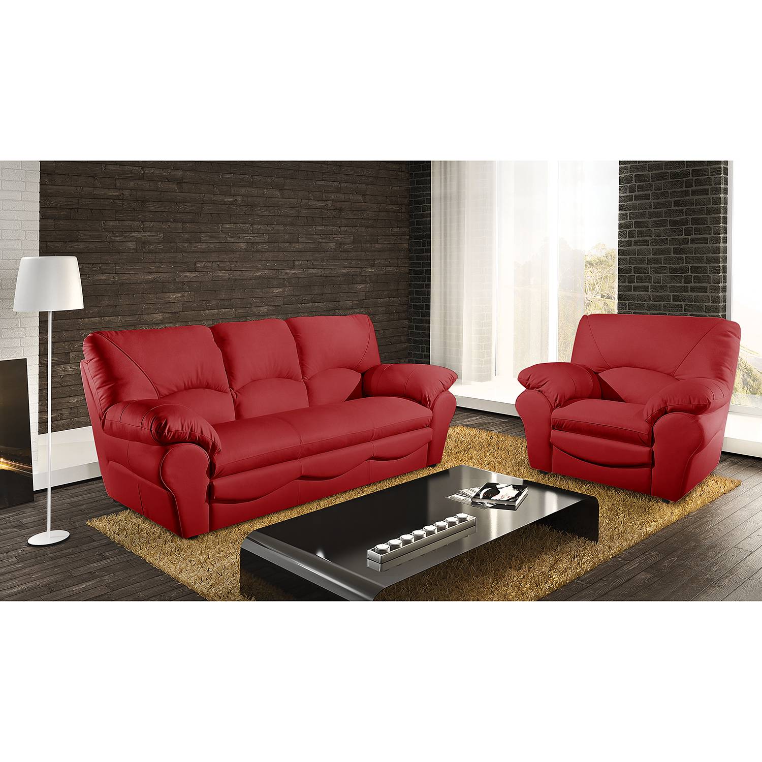 Modoform Sofa Torsby 3-Sitzer Rot Echtleder 205x92x85 cm (BxHxT) Modern von Modoform