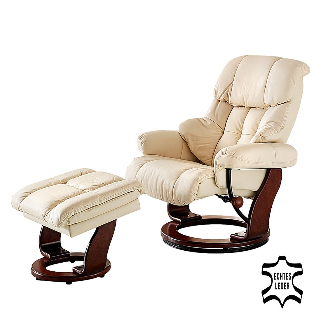 home24 Relaxsessel mit Hocker Beige/Creme Kontaktflächen: Echtleder Rückseiten: Kunstleder Gestell: Formholz Braun 90 x 104 x 91cm von home24