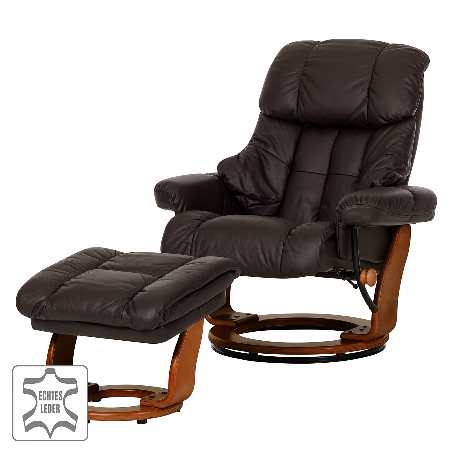 home24 Relaxsessel mit Hocker Braun/Braun Kontaktflächen: Echtleder Rückseiten: Kunstleder Gestell: Formholz Braun 90 x 104 x 91cm von home24