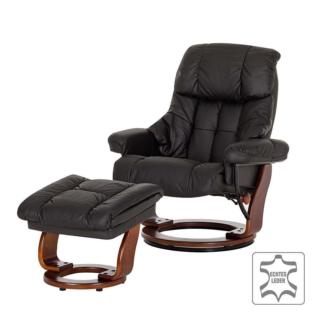 home24 Relaxsessel mit Hocker Schwarz/Schwarz Kontaktflächen: Echtleder Rückseiten: Kunstleder Gestell: Formholz Braun 90 x 104 x 91cm von home24