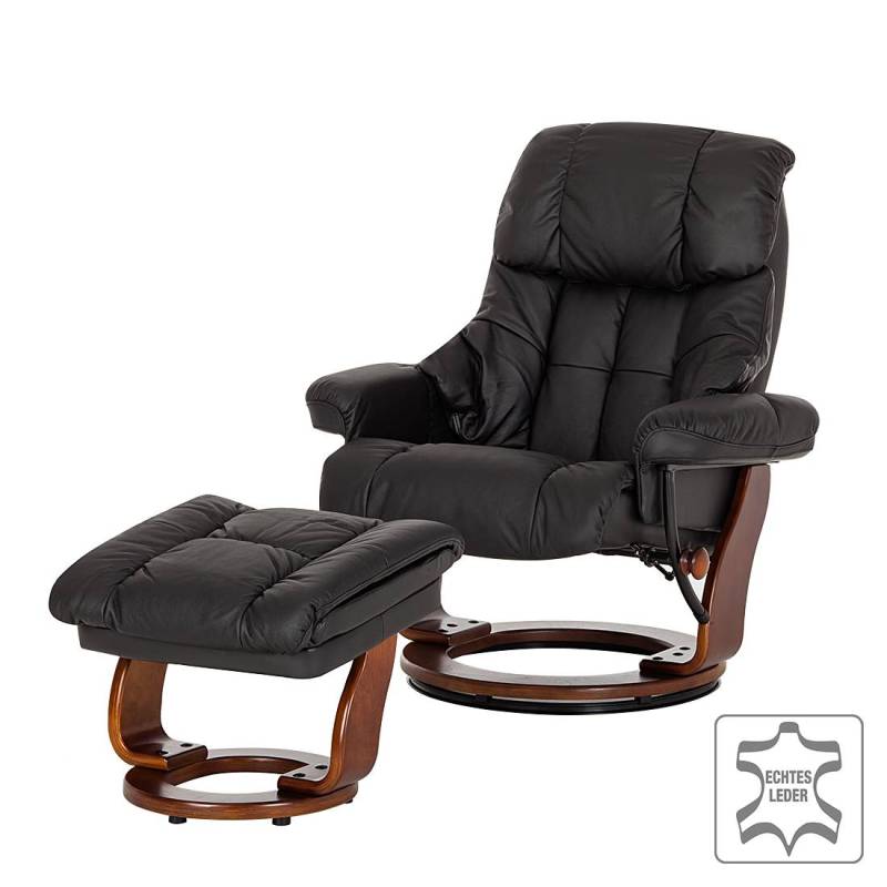 home24 Relaxsessel mit Hocker Schwarz/Schwarz Kontaktflächen: Echtleder Rückseiten: Kunstleder Gestell: Formholz Braun 90 x 104 x 91cm von home24
