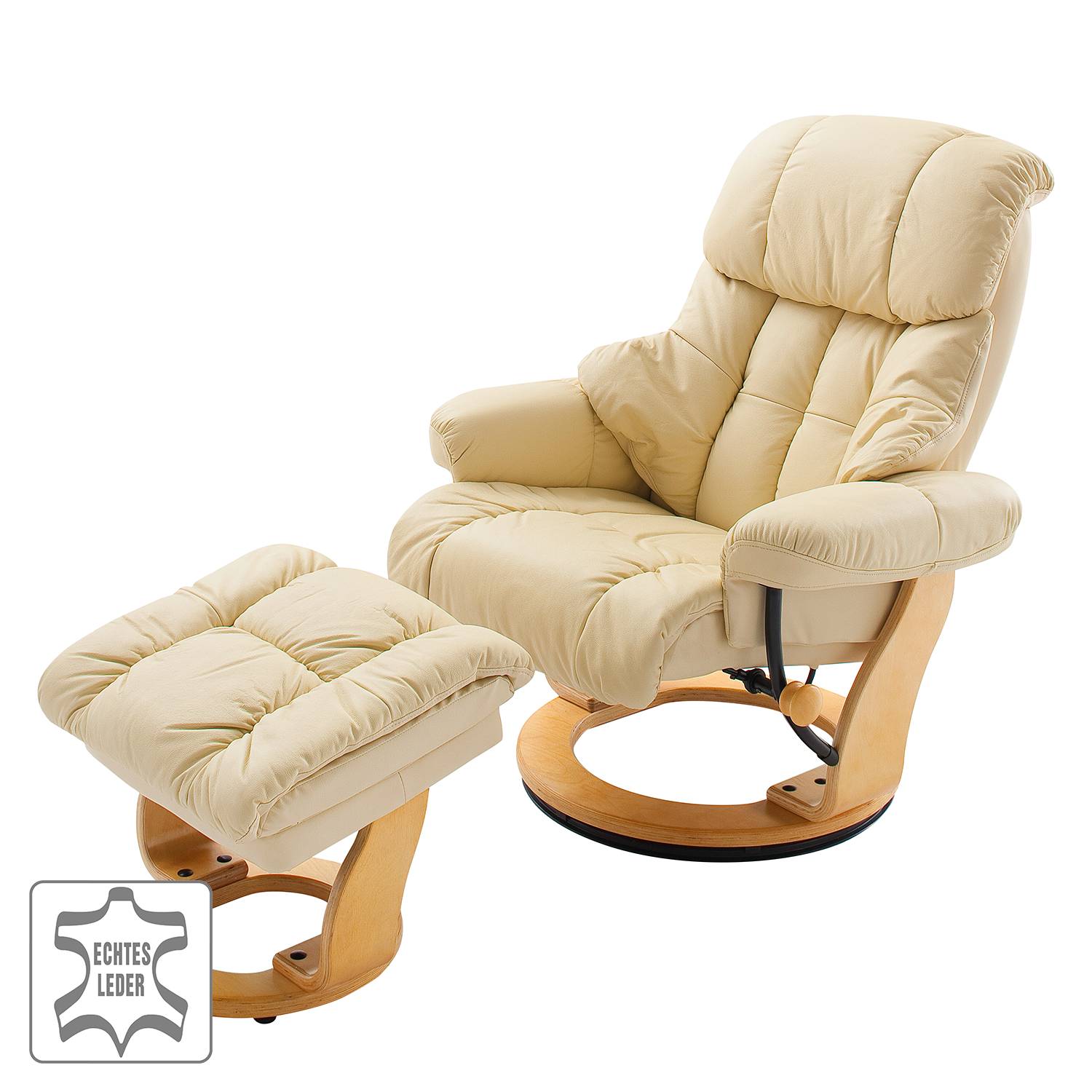 home24 Relaxsessel mit Hocker Beige/Creme Kontaktflächen: Echtleder Rückseiten: Kunstleder Gestell: Formholz Hellbraun 90 x 104 x 91cm von home24