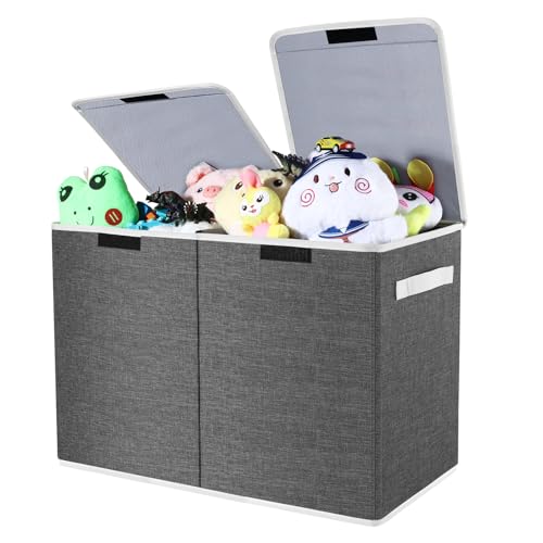 Modojuny Faltbare Spielzeug-Aufbewahrungsbox mit Deckel & Griff – Große 600D Oxford Stoff Organizer Truhe mit Trennwand (58x30x39cm) für Kinderspielzeug, Kleidung, Kinderzimmer | Grau von Modojuny