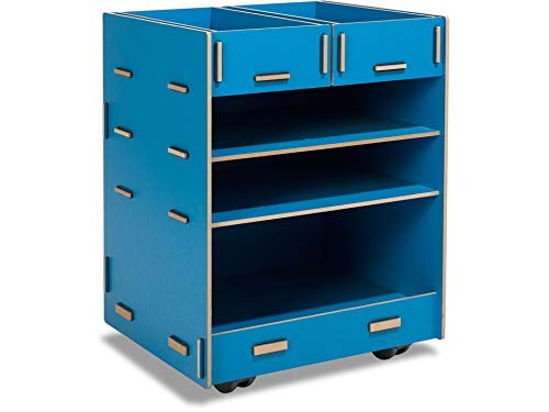 Modulor Kinder-Rollcontainer aus beschichtetem MDF, Schreibtisch Rollschrank (BxHxT: 38 x 49 x 34 cm) mit Zwei Schubladen und DREI Fächern, blau von Modulor