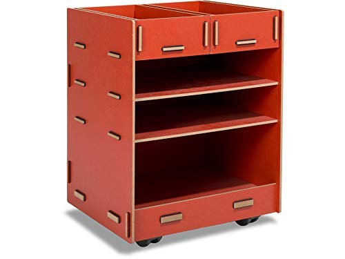 Modulor Kinder-Rollcontainer aus beschichtetem MDF, Schreibtisch Rollschrank (BxHxT: 38 x 49 x 34 cm) mit Zwei Schubladen und DREI Fächern, rot von Modulor