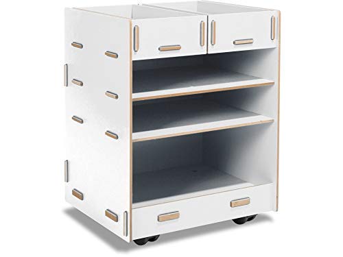 Modulor Kinder-Rollcontainer aus beschichtetem MDF, Schreibtisch Rollschrank (BxHxT: 38 x 49 x 34 cm) mit Zwei Schubladen und DREI Fächern, weiß von Modulor