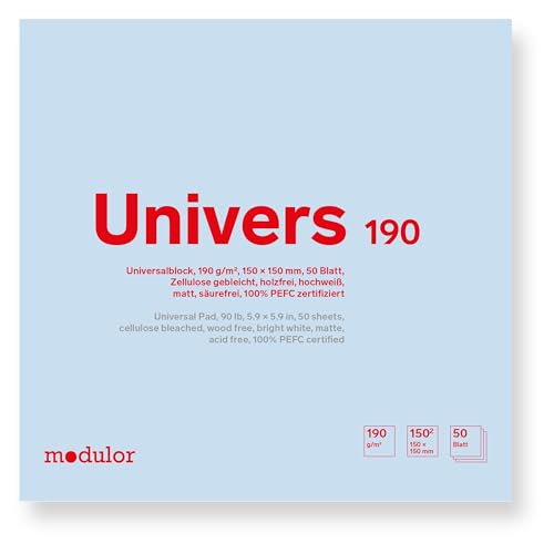 Modulor Universalblock U190, Zeichenblock 15 x 15 cm mit 50 Blatt (blanko), Skizzenblock aus hochweißem Papier mit matter Oberfläche, 190 g/m², 150 x 150 mm von Modulor