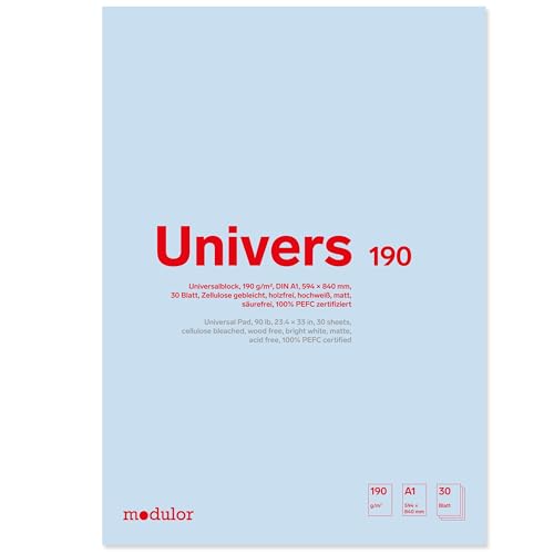 Modulor Universalblock U190, Zeichenblock DIN A1 mit 30 Blatt (blanko), Skizzenblock aus hochweißem Papier mit matter Oberfläche, 190 g/m², 594 X 840 mm von Modulor