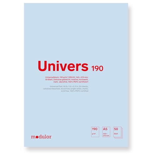 Modulor Universalblock U190, Zeichenblock DIN A5 mit 50 Blatt (blanko), Skizzenblock aus hochweißem Papier mit matter Oberfläche, 190 g/m², 148 X 210 mm von Modulor