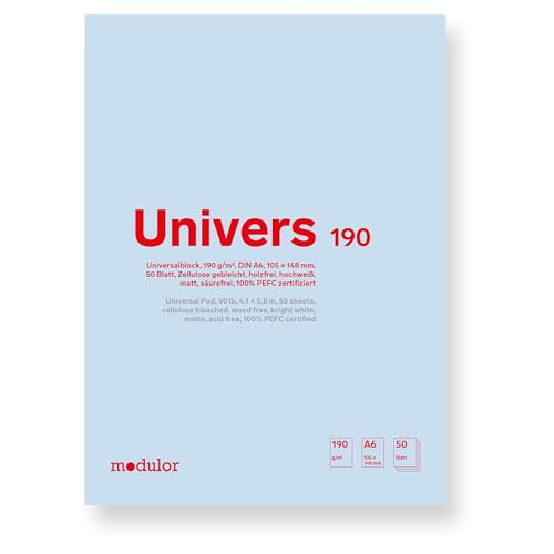Modulor Universalblock U190, Zeichenblock DIN A6 mit 50 Blatt (blanko), Skizzenblock aus hochweißem Papier mit matter Oberfläche, 190 g/m², 105 x 148 mm von Modulor