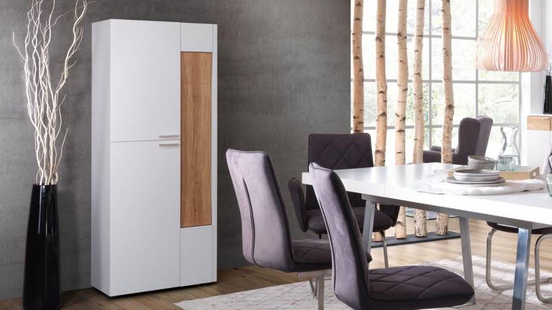 Möbel Akut Highboard Highboard OSLO weiß matt lackiert Designblende Asteiche Massivholz von Möbel Akut