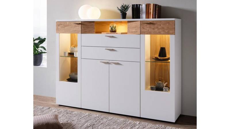 Möbel Akut Highboard Highboard OSLO weiß matt lackiert und Asteiche hell Massivholz von Möbel Akut