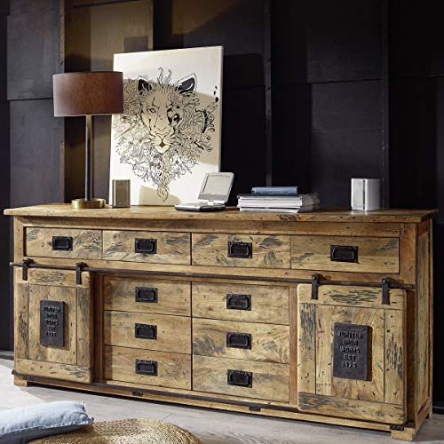 Möbel Akut Sideboard Kommode Schubladenkommode rustikal Mangoholz massiv Eisen lackiert Gingo von Möbel Akut