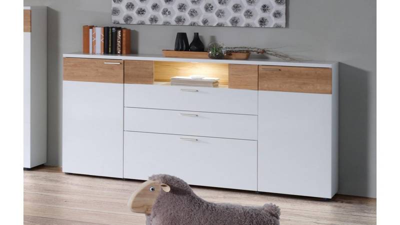 Möbel Akut Sideboard Sideboard Oslo weiß matt lackiert und Asteiche hell Massivholz 180 cm von Möbel Akut