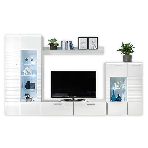 Stella Trading New Long Wohnwand Komplett-Set in Weiß-Moderne Schrankwand mit LED-Beleuchtung für Ihr Wohnzimmer, Holzwerkstoff von Stella Trading