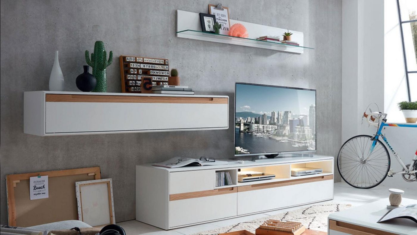 Möbel Akut Wohnwand Wohnwand LIGHT LINE 5 weiß matt Lack Eiche massiv TV-Board von Möbel Akut