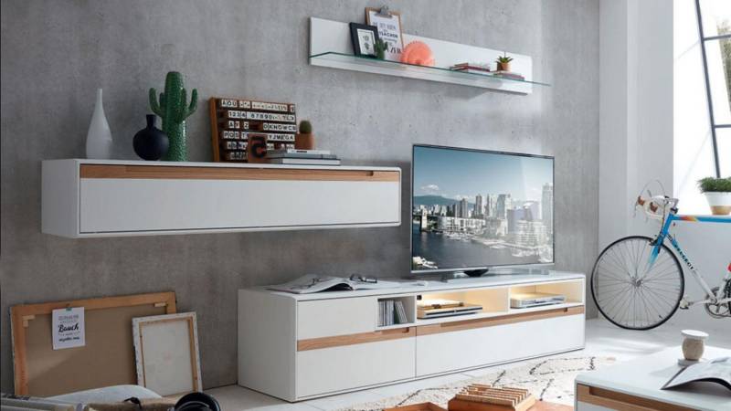 Möbel Akut Wohnwand Wohnwand LIGHT LINE 5 weiß matt Lack Eiche massiv TV-Board von Möbel Akut
