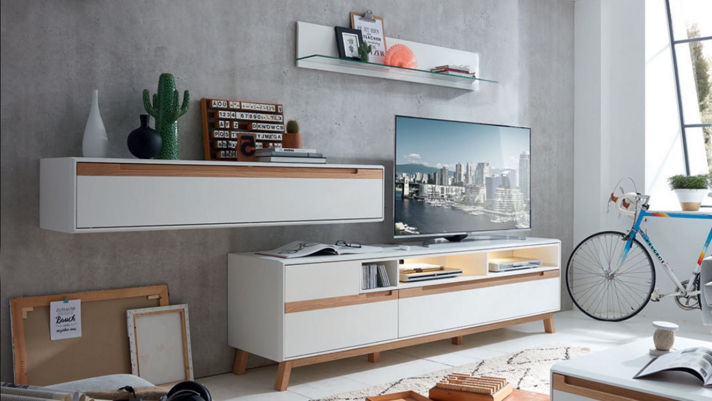 Möbel Akut Wohnwand Wohnwand Light Line 5 weiß matt Lack Eiche massiv TV-Board von Möbel Akut