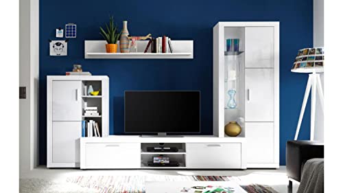 Möbel Akut Wohnwand Wohnzimmer Anbauwand Breite 270 cm Tuna Front weiß Hochglanz Vitrine TV-Board Highboard Wandboard von Möbel Akut