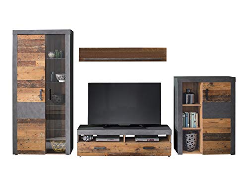trendteam smart living - Indy - Wohnwand - Eiche/Grau - Anbauwand mit Stauraumvitrine, Stauraumelement, TV-Unterschrank und Wandboard - (BxHxT) 343 x 189 x 40 cm - antikfarbene Griffe von trendteam smart living