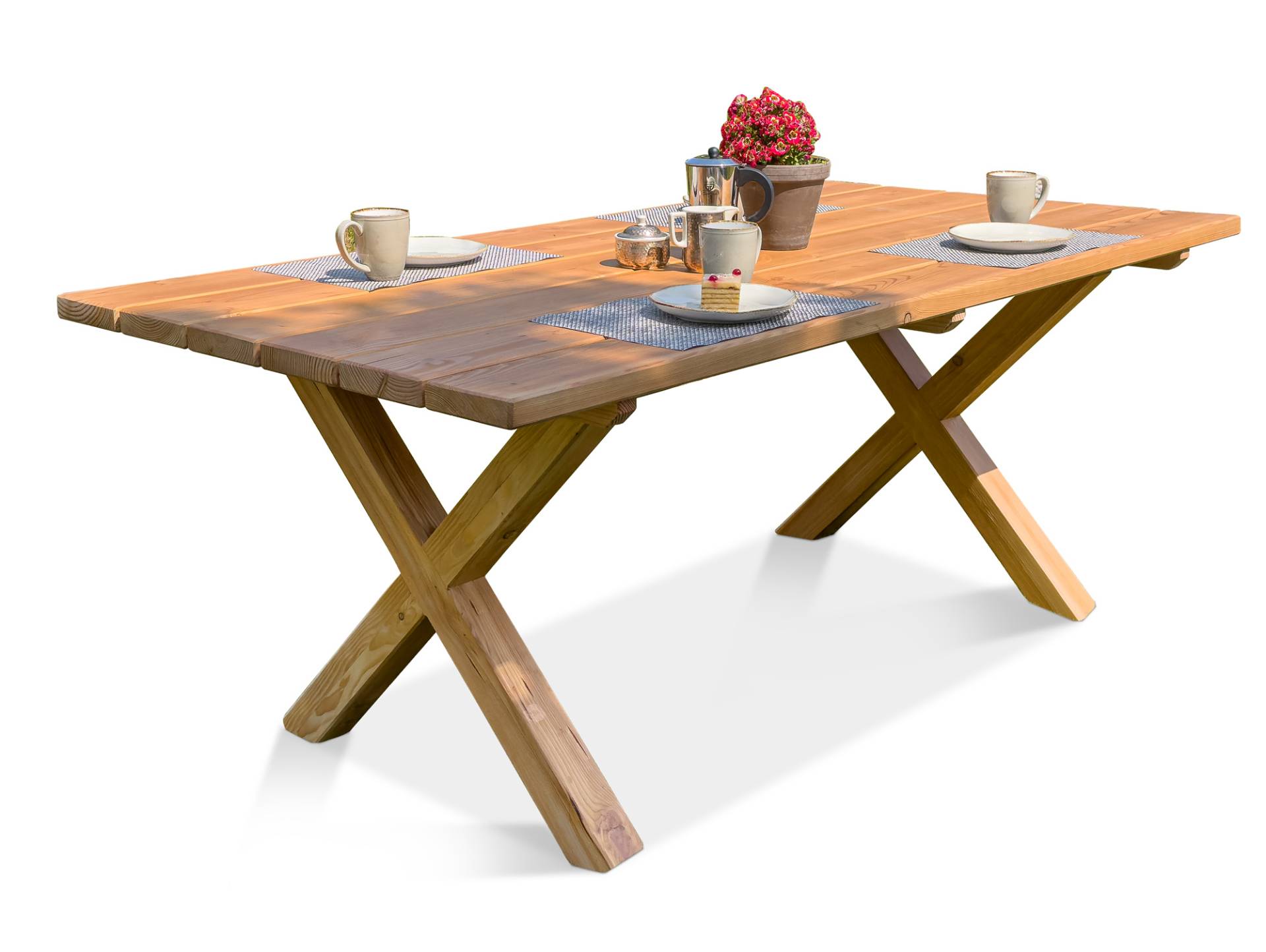 CANCUN Esstisch  /  Gartentisch mit X-Beinen, Material Massivholz, Lärche natur von Möbel-Eins