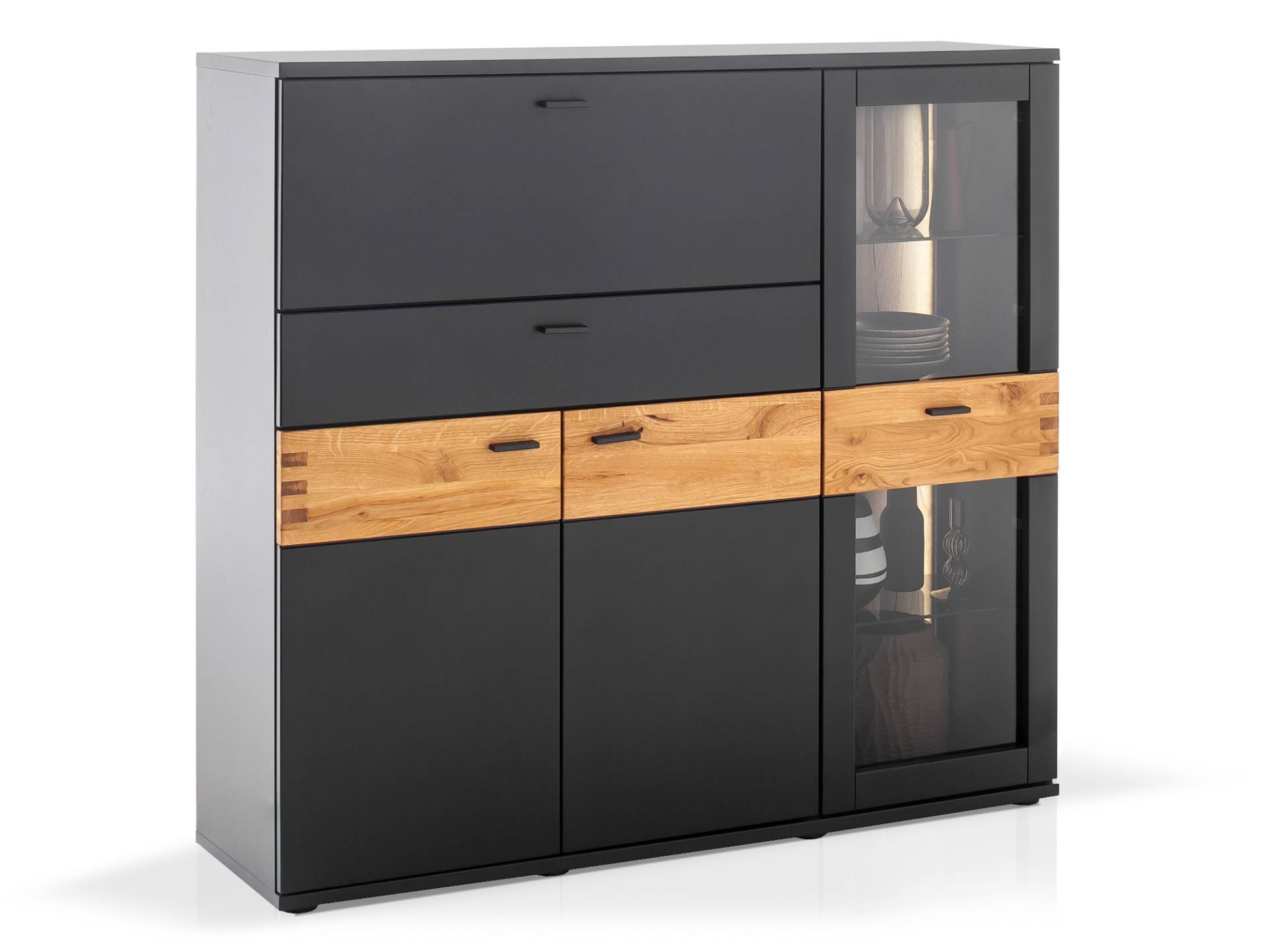 CESCO Highboard, Material MDF, anthrazitfarbig / Absetzung Wildeiche massiv von Möbel-Eins