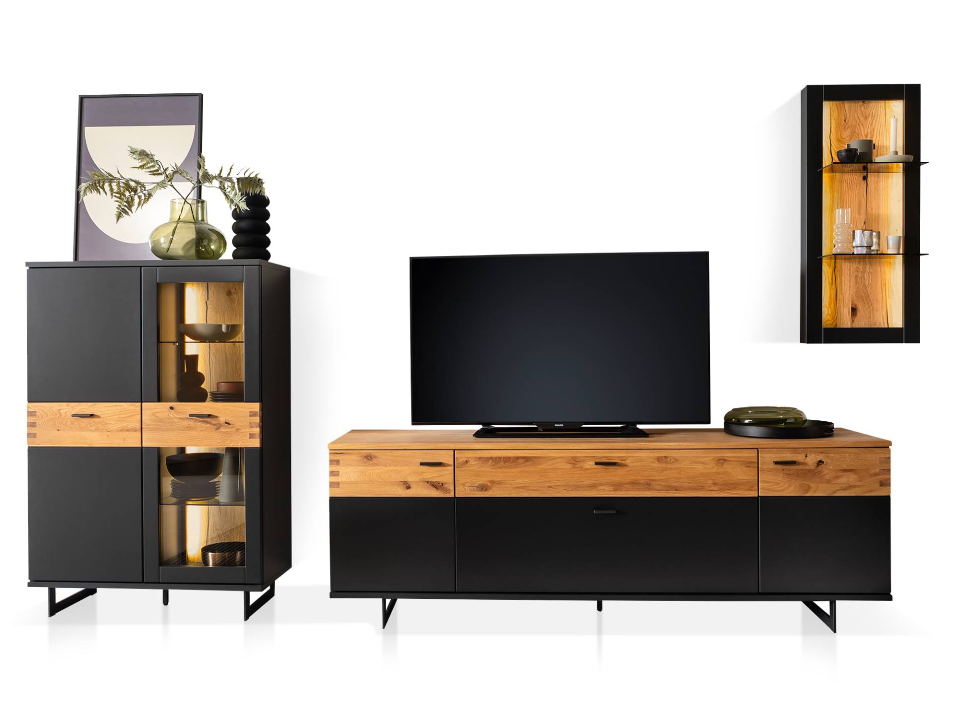 CESCO Wohnwand I, Material MDF, anthrazitfarbig / Absetzung Wildeiche massiv CESCO Wohnwand I, Material MDF, anthrazitfarbig / Absetzung Wildeiche massiv von Möbel-Eins