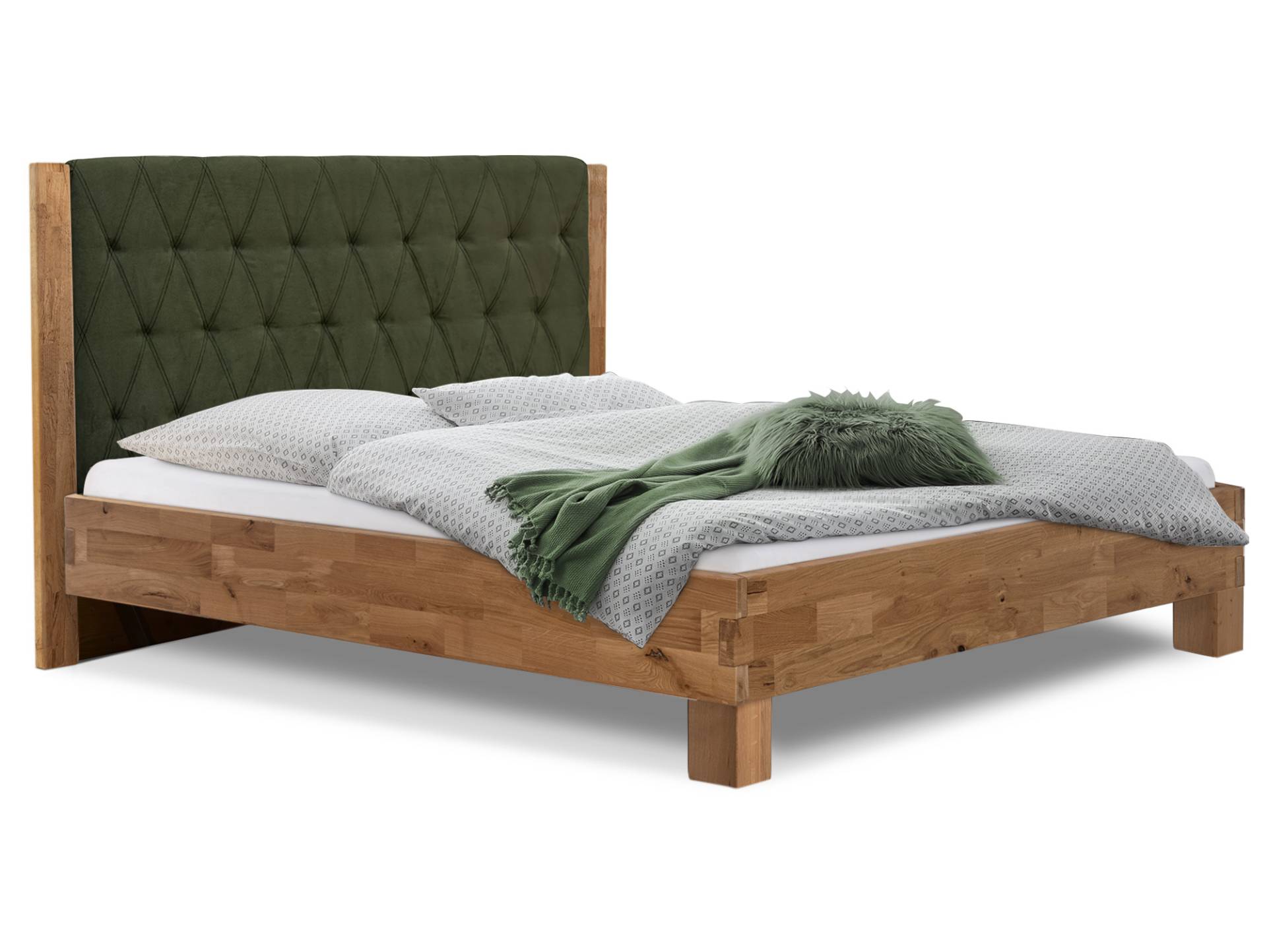 CORDINO 4-Fuß-Bett aus Eiche mit gestepptem Polsterkopfteil, Material Massivholz von Möbel-Eins