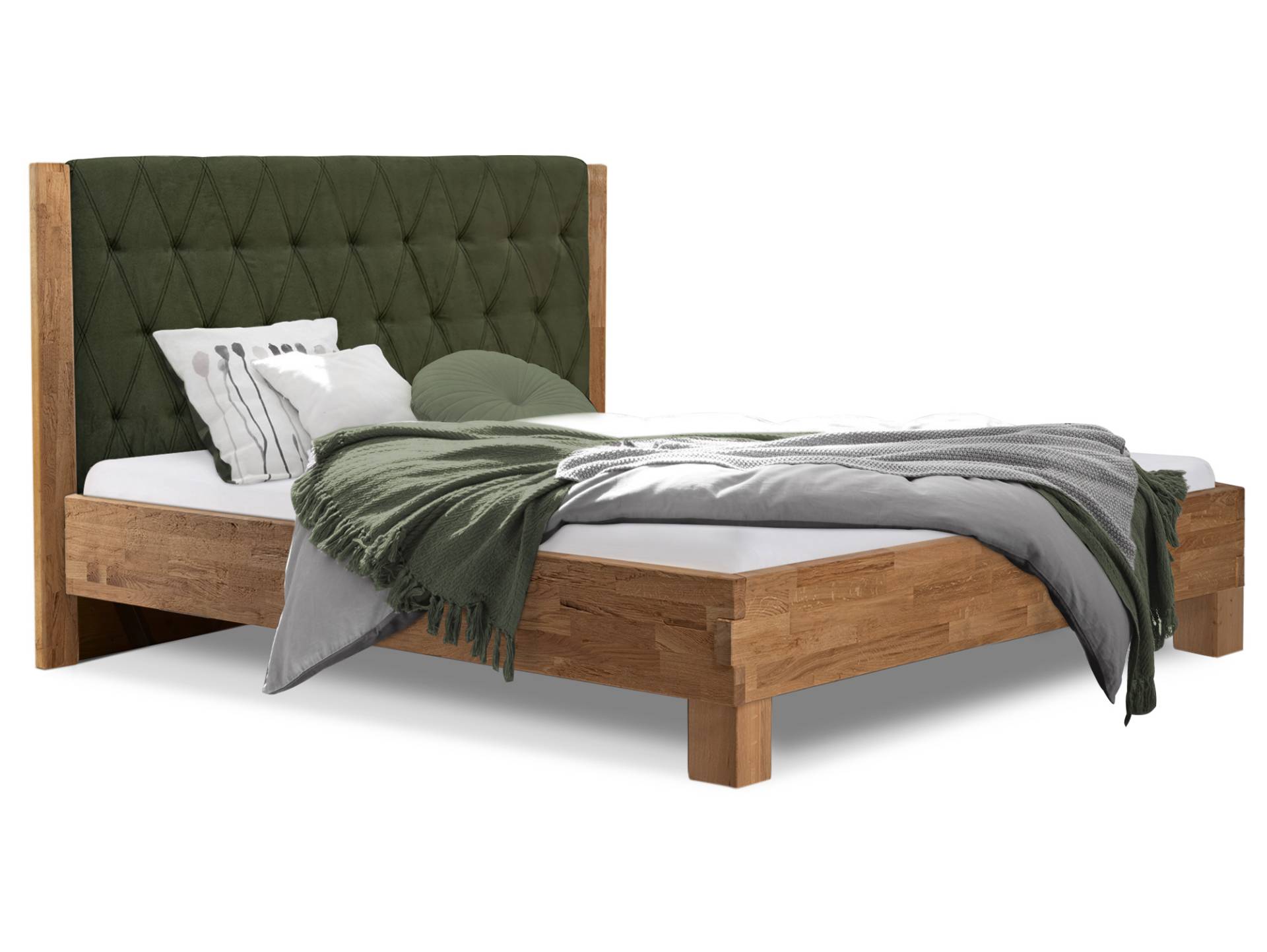 CORDINO 4-Fuß-Bett aus Eiche mit gestepptem Polsterkopfteil, Material Massivholz von Möbel-Eins