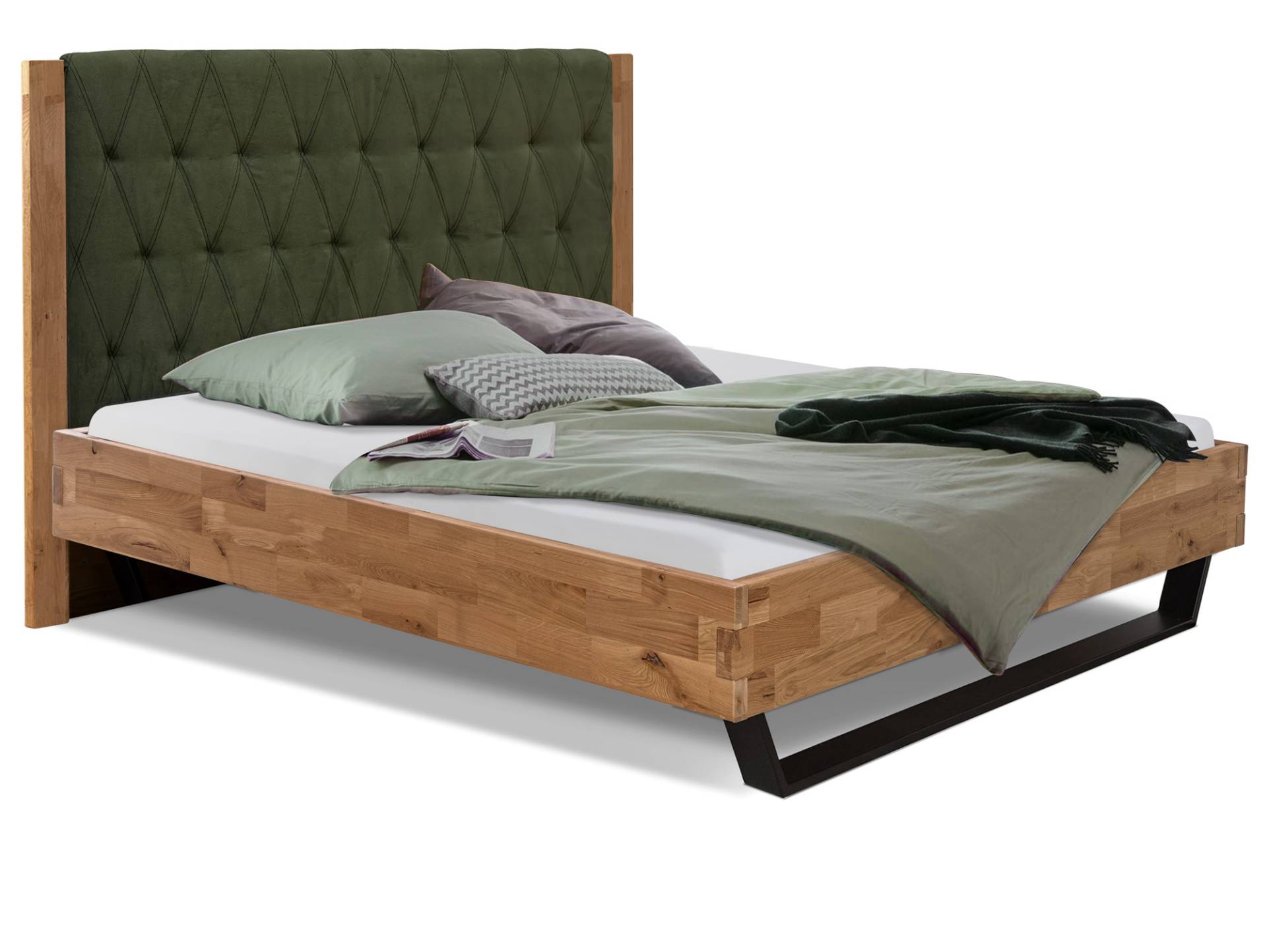 CORDINO Kufenbett aus Eiche mit gestepptem Polsterkopfteil, Material Massivholz von Möbel-Eins
