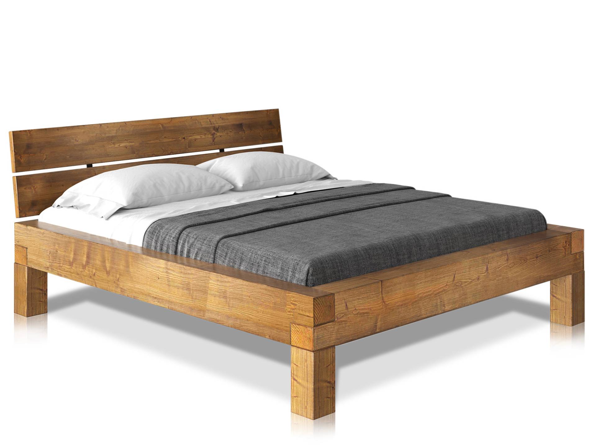 CURBY 4-Fuß-Balkenbett mit Kopfteil, Material Massivholz, Thermo-Fichte von Möbel-Eins