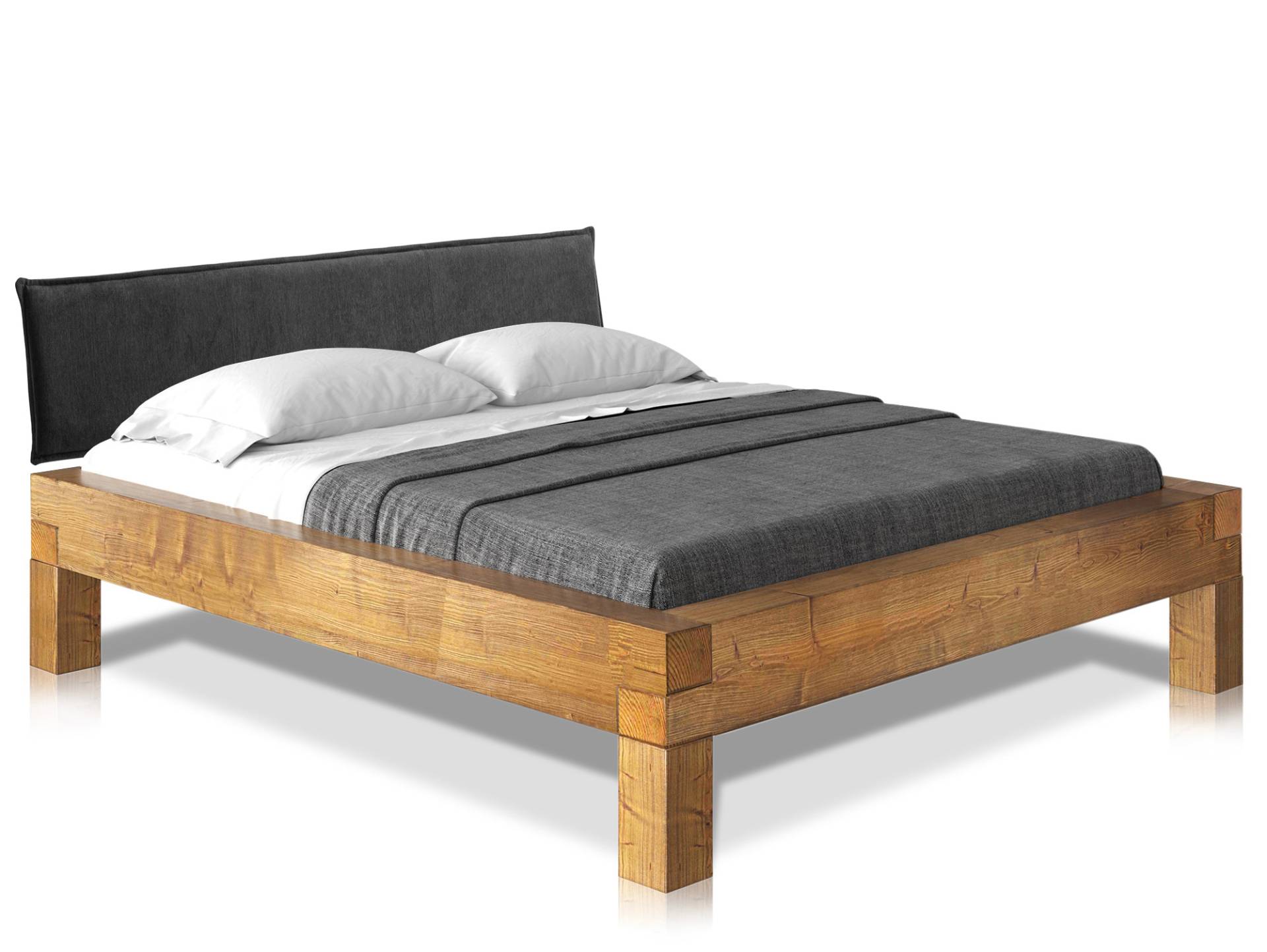 CURBY 4-Fuß-Balkenbett mit Polster-Kopfteil, Material Massivholz, Thermo-Fichte von Möbel-Eins