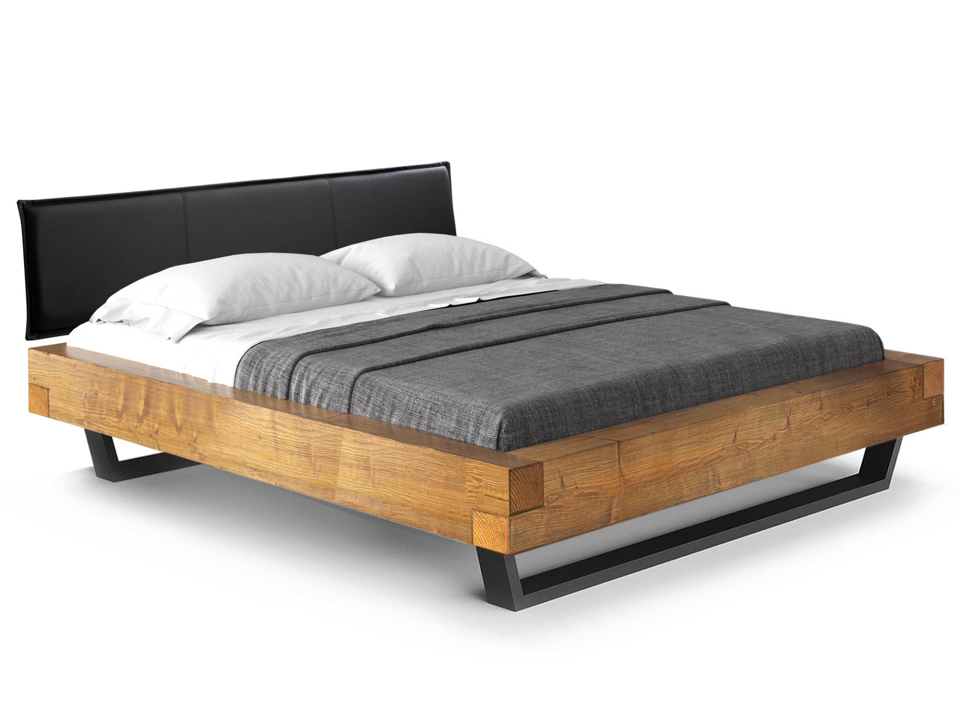CURBY Balkenbett mit Polster-Kopfteil, Kufenfuß, Material Massivholz von Möbel-Eins