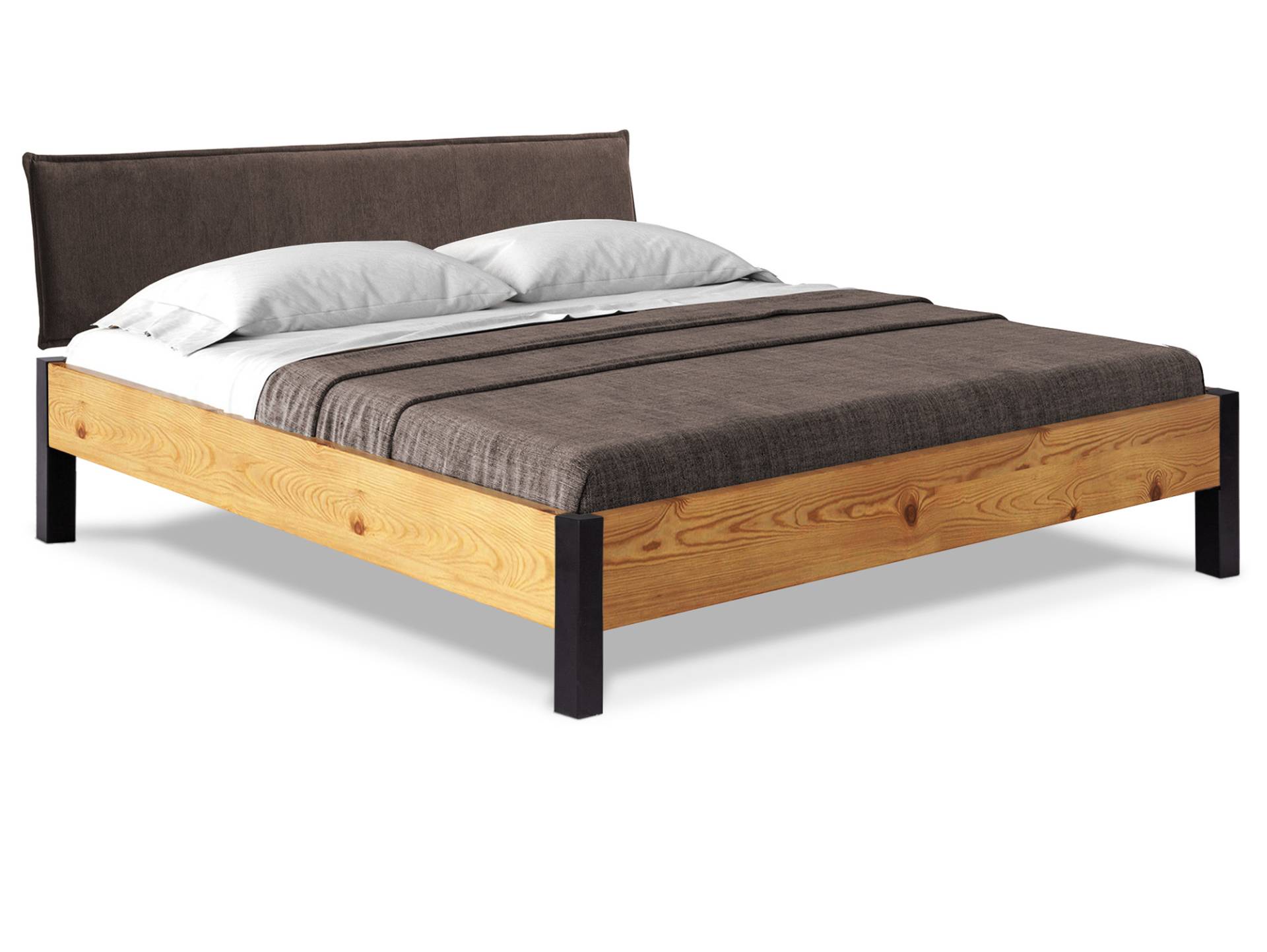 CURBY Bett Metallfuß, mit Polsterkopfteil, Material Massivholz, rustikale Altholzoptik, Fichte von Möbel-Eins