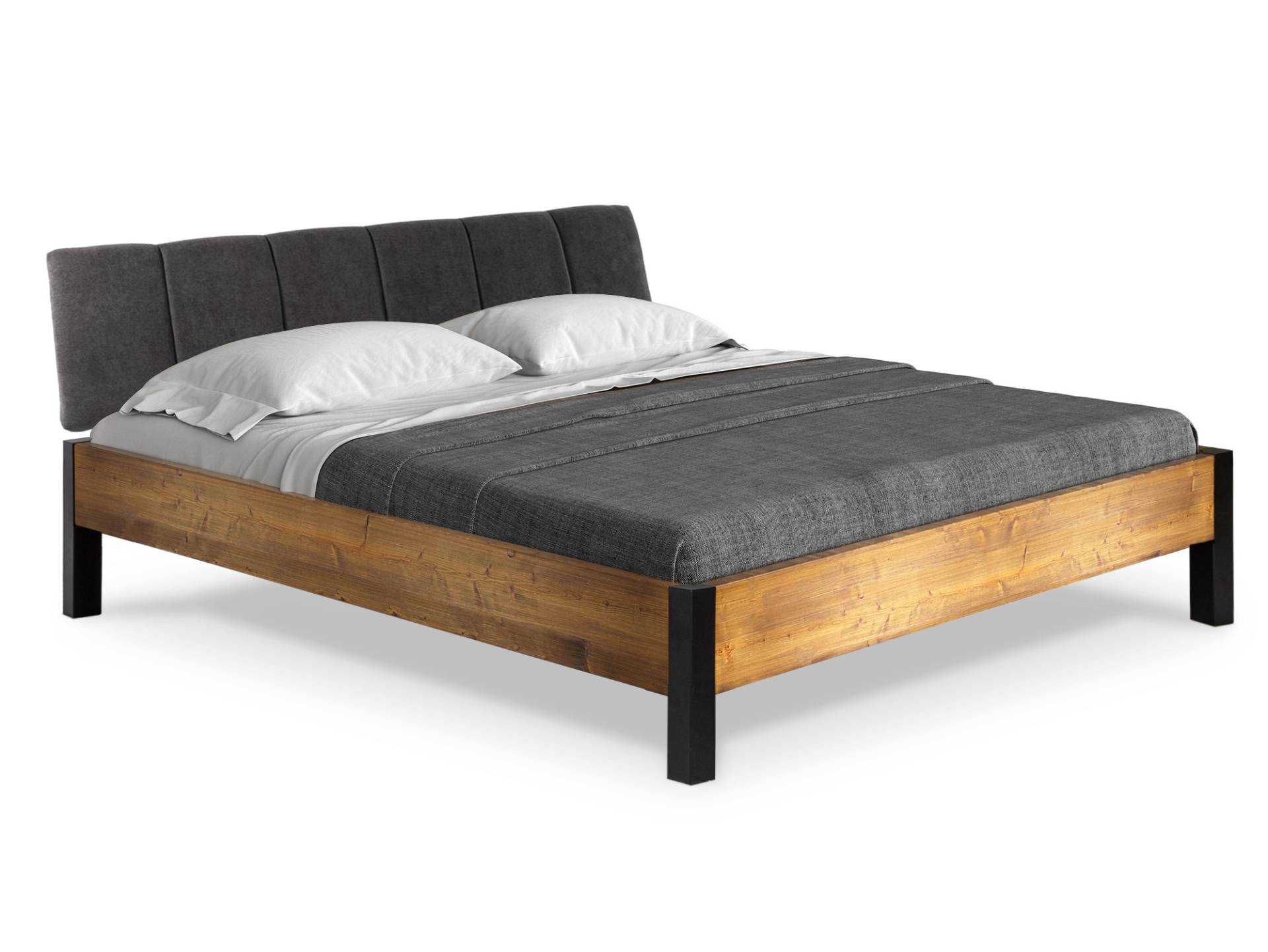 CURBY Bett Metallfuß, mit gestepptem Kopfteil, Material Massivholz, rustikale Altholzoptik, Fichte von Möbel-Eins