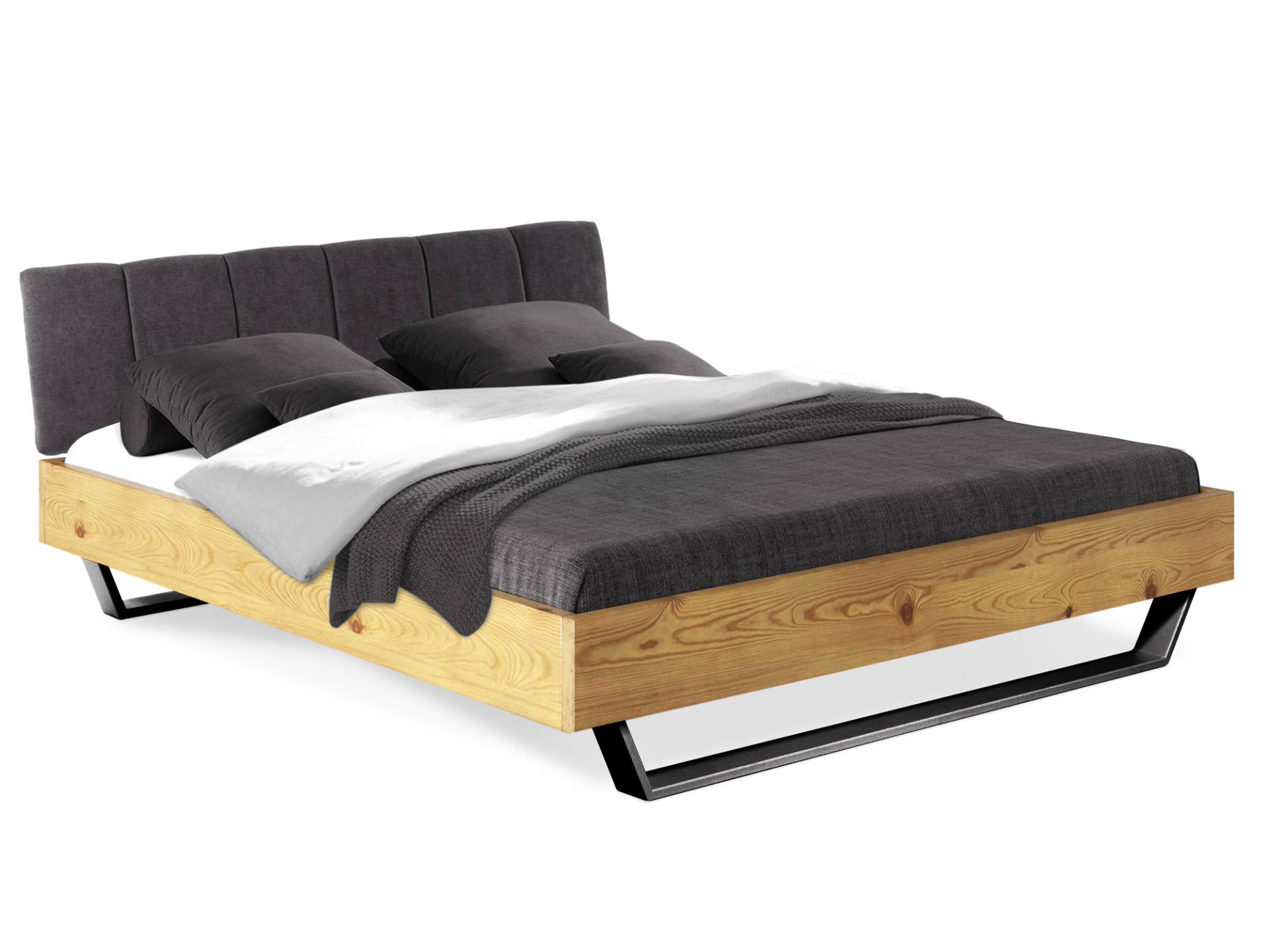 CURBY Kufenbett mit Polster-Kopfteil, Material Massivholz, rustikale Altholzoptik, Fichte, Kufen schwarz von Möbel-Eins