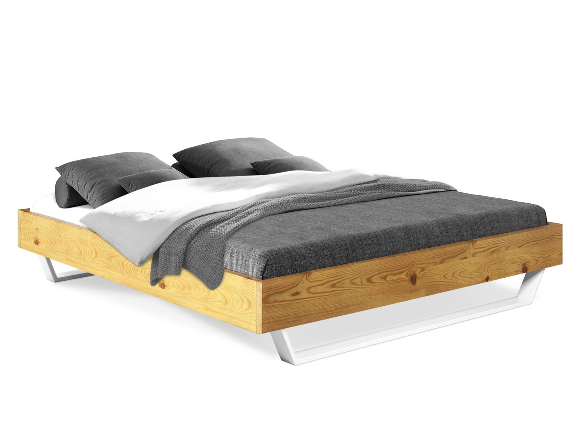 CURBY Kufenbett mit / ohne Kopfteil, Material Massivholz, rustikale Altholzoptik, Fichte, Kufen weiß von Möbel-Eins